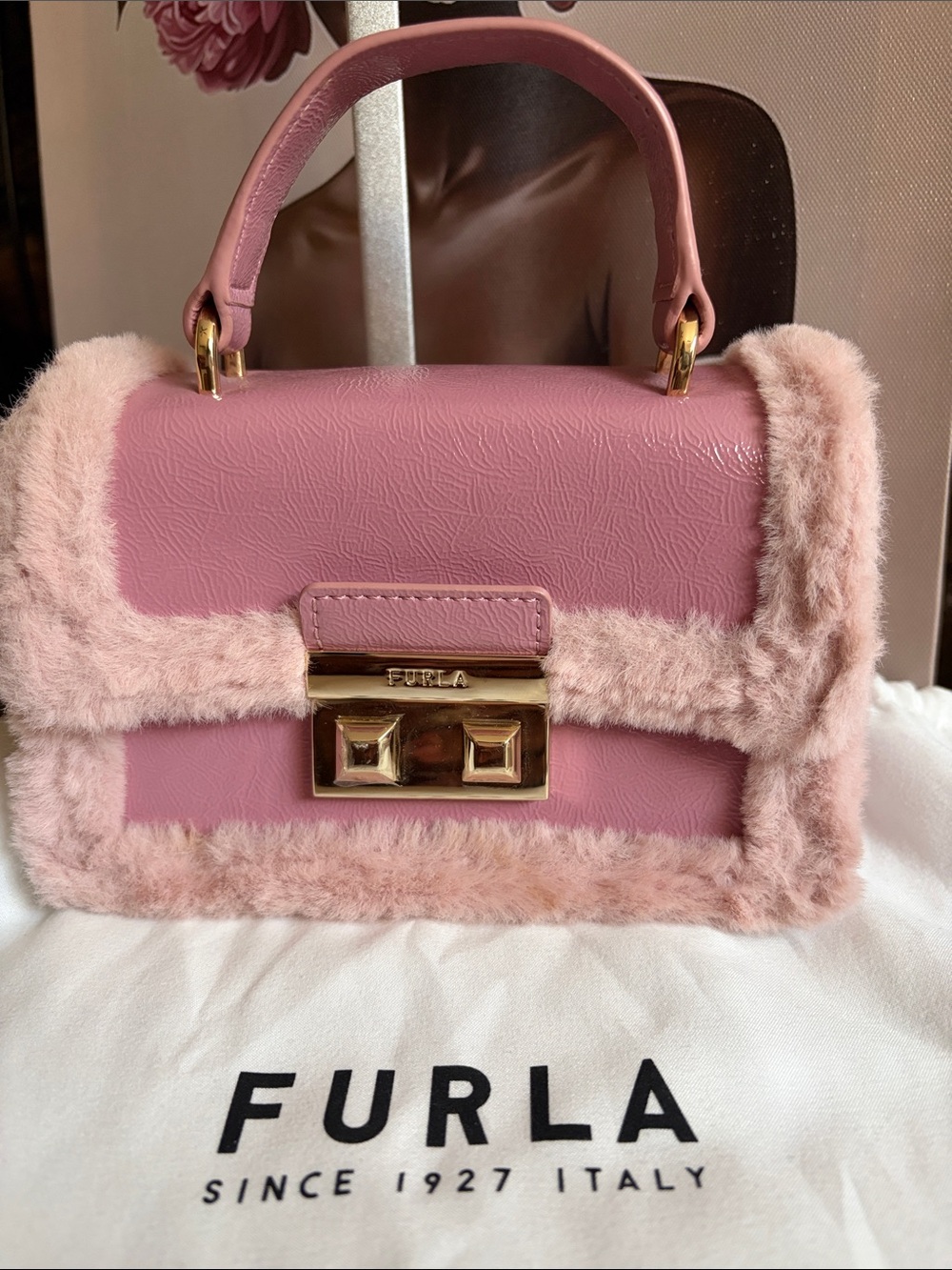 Furla Pink Faux Fur Trim Satchel - Picture 2 of 10